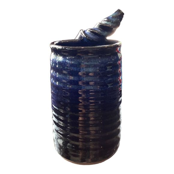 Cobalt Blue Glaze Ceramic Stein Mug Twisted Handle Signed RedWare - Picture 2 of 5